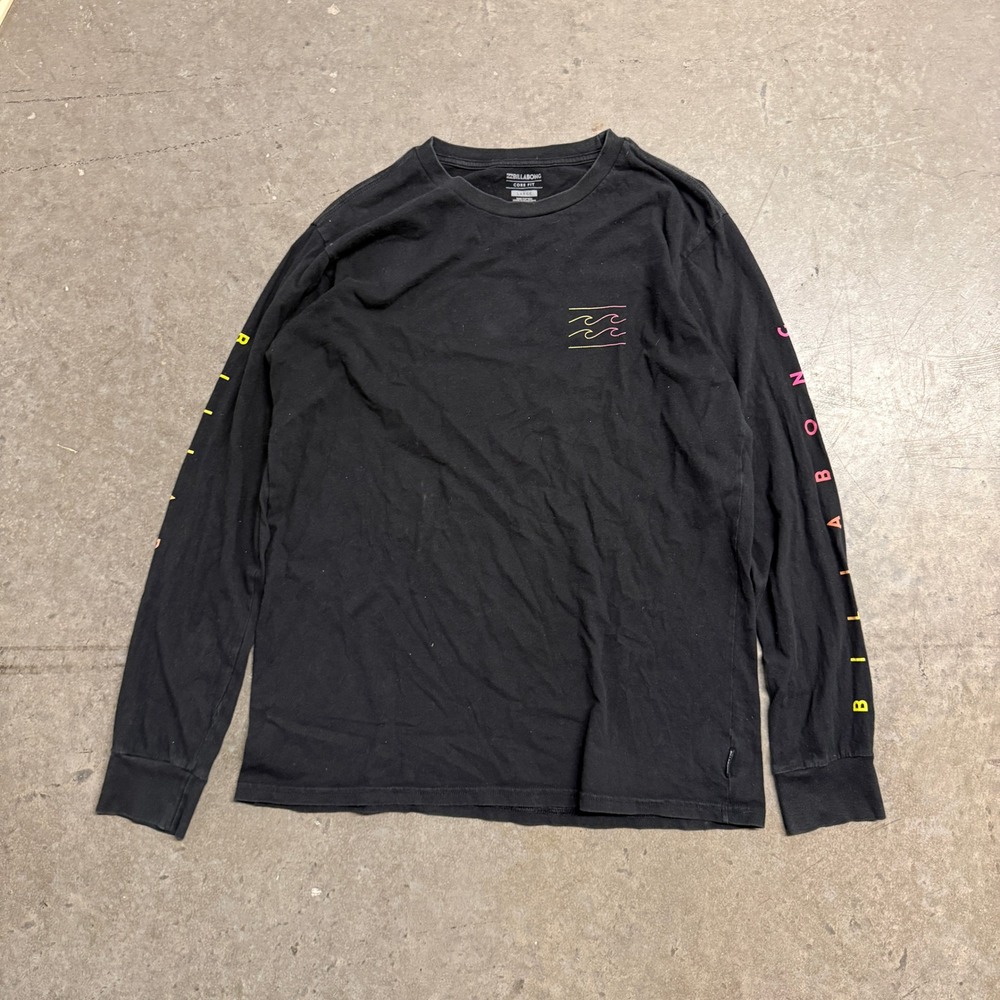 Billabong Mens Long Sleeve Graphic T-Shirt Black Neon Wave Logo Core Fit Large
